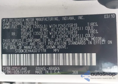 2010 Toyota Highlander Limited V6 z USA, uszkodzony, nr VIN 5TDDK3EH4AS017118